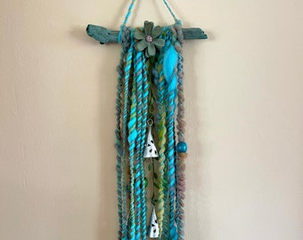 Boho Chimes, Yarn Wall Hanging, Driftwood Door Chime with Hanging Bells and Flower, Fiber Art Door Hanging "Fairy Wings"