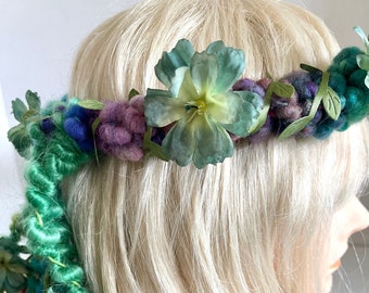 Woodland Fairy Flower Crown - Floral Crown- Elf Crown - Hand Dyed And Hand Spun Art Yarn Crown with Flowers "Willow”