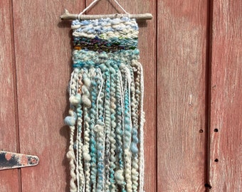 Small Woven Tapestry with Extra Long Fringe, "Alaskan Tide" Hand dyed, Hand Blended, Hand Spun Fiber Wall Hanging