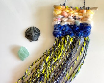Mini Tapestry, Woven Ornament, Art Yarn Weaving, Hand Dyed, HandSpun Yarn “Blue Sea”