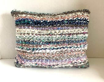Handwoven Striped Wool Pillow using all Hand dyed and Hand Spun Fiber, Woven Tapestry 12.5"x  10” Small Pillow.