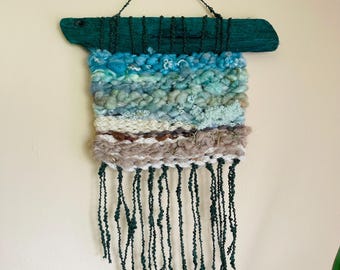 Small Woven Wall Hanging, Mini Tapestry, Coastal Art Yarn Weaving, Hand Dyed Driftwood "Pure Moods"