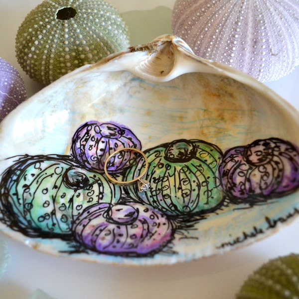 Sea Urchin Ring Dish, Shell Ring Holder, Jewelry Holder, Shell Decor, Sea Life Art, Purple and Green Sea Urchin Art