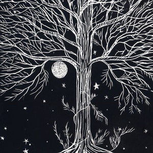 Puede incluir: Un dibujo en blanco de un &aacute;rbol con ramas desnudas sobre un fondo negro. El &aacute;rbol tiene un tronco grueso y ra&iacute;ces que se extienden por el suelo. Se puede ver una luna llena y varias estrellas en el cielo.