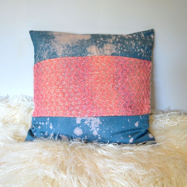 Handwoven Wool Pillow, Colorblock Pink Ombre with Hand Dyed Blue Galaxy Print -  18x18 Pillow Cover - Decorative Pillow