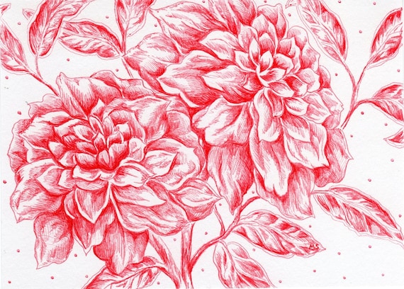 Dessin Fleur Art Mur Rouge Art Déco Dessiné à La Main 5 X 7 Illustration Fleur Rubis Love à Lencre Rouge