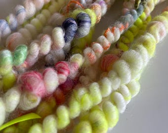 Colorful Scrappy Neon Art Yarn Handspun, Chunky Weaving Yarn, Hand Dyed Wool and Recycled Fibers, 9 yards, 4 oz,  "Neon Ribbon"