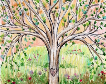 árvore da vavó - Carved Heart Tree Print - Personalized Initial Tree Drawing - Custom Couple Giclee Print - Valentines Day Gift