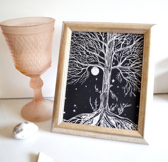 Tree Of Life Wall Art, Moon and Stars, Tree Print, Tree Illustration Art Print, Celestial Wall Decor, Night Sky Art "Sacred Tree"