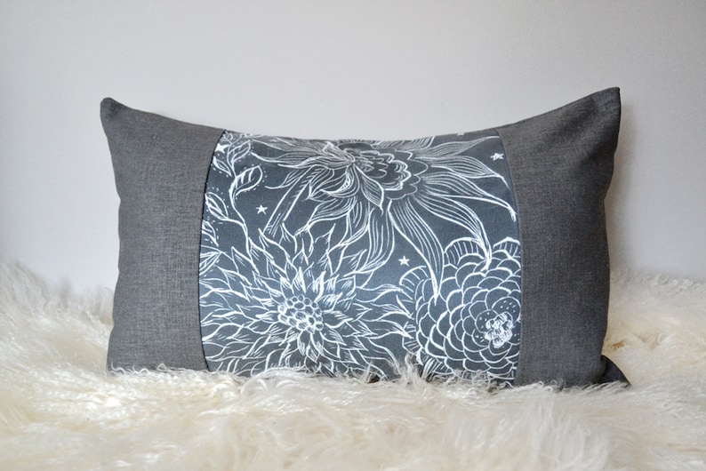 Grey and White Pillow Gray Floral Pillow 14x22 Lumbar Etsy
