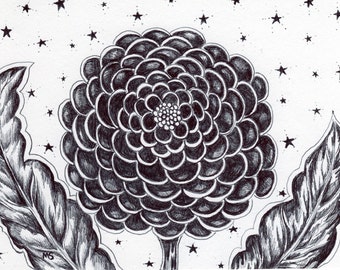 Divine Flower, Starry Night, Pen and Ink Drawing, 5x7" Black Flower Wall Art, Celestial Decor, "Awaken"