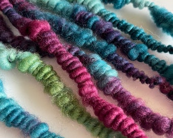 Coilspun Art Yarn, Weaving Yarn, Jewel Tones,  Merino Wool, 6 yards, "Mermaid Coils"