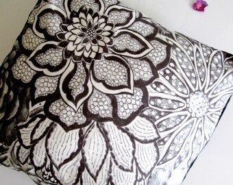 Zen Art Floral Pillow - Decorative Pillow, Throw Pillow, Black and White Linen, 14 x 14 Original Floral Print Pillow, Gift for Her