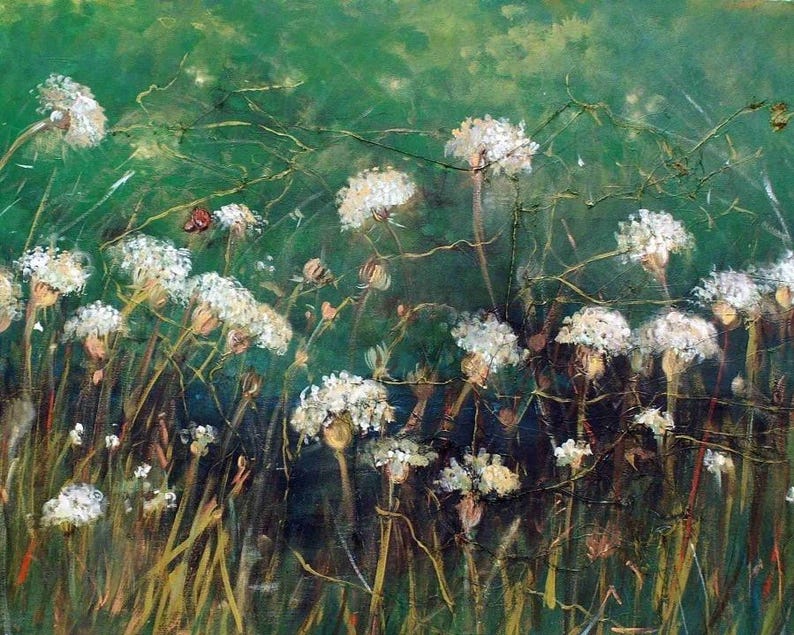 Queen Anne's Lace Flower Painting Print, Wildflower Print, Emerald Green Art, White Flowers, 8 x10" Art Print, Country Kitchen Decor image 1