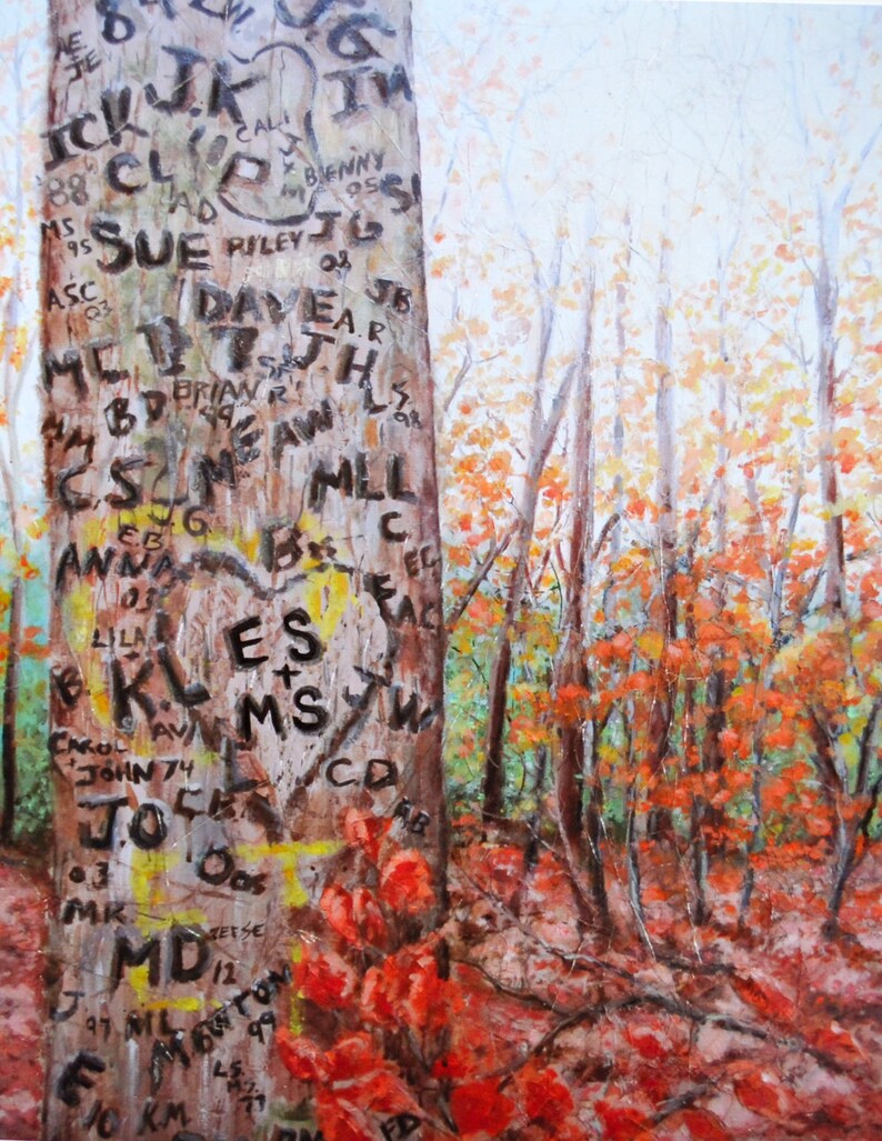 May include: A close-up of a tree trunk in a forest with many names and initials carved into the bark. The tree is surrounded by fall foliage in shades of red, orange, and yellow.
