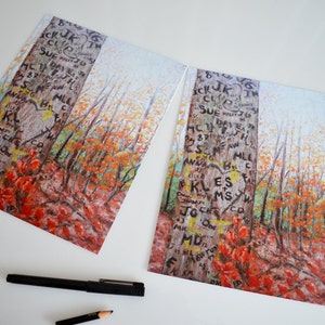 May include: A painting of a tree in a forest with fall foliage. The tree trunk is covered in carved initials and hearts. The text on the tree includes "SUE", "KL", "JO", "MD", "KLES", "MS", "FCD", and "JO".