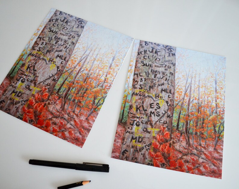 May include: A painting of a tree in a forest with fall foliage. The tree trunk is covered in carved initials and hearts. The text on the tree includes "SUE", "KL", "JO", "MD", "KLES", "MS", "FCD", and "JO".