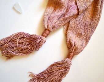 Dusty Rose Tassel Scarf, Handwoven, Hand Dyed, Ikat, Mauve Scarf, Rayon Silk, Girlfriend Gift