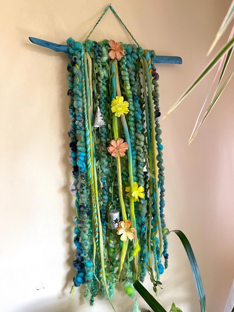 Boho Floral Art Yarn Wall Hanging, Hand Dyed Driftwood Door Chime
