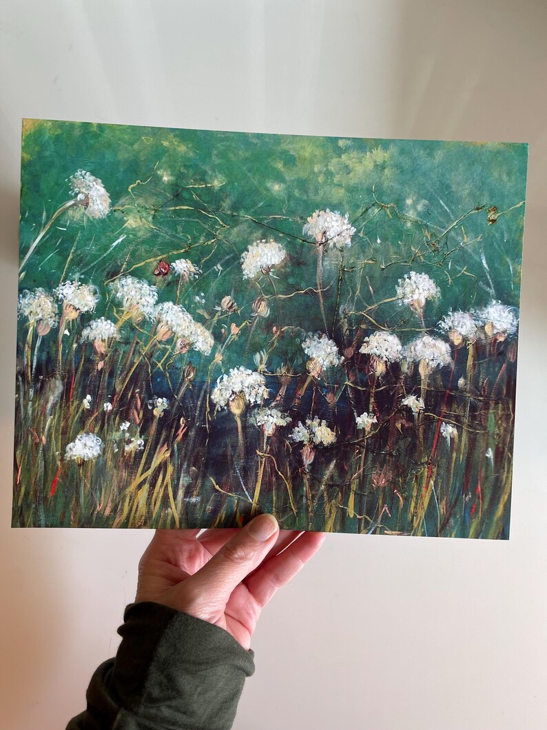 Queen Anne's Lace Flower Painting Print, Wildflower Print, Emerald Green Art, White Flowers, 8 x10" Art Print, Country Kitchen Decor image 4