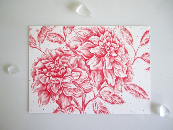 Dessin Fleur Art Mur Rouge Art Déco Dessiné à La Main 5 X 7 Illustration Fleur Rubis Love à Lencre Rouge