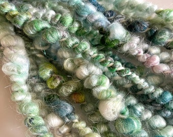 Scrappy Green Art Yarn for Weaving, Handspun Chunky Yarn, Superfine Merino, Bamboo, Mohair, 10.5 Yards, 2.8 oz, "Sea Star"