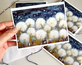 Dandelion Cards - Dandelion Stationery Set, 4x5 printed art note cards, 11:11 Make A Wish, Evening Moonlight Greeting Cards