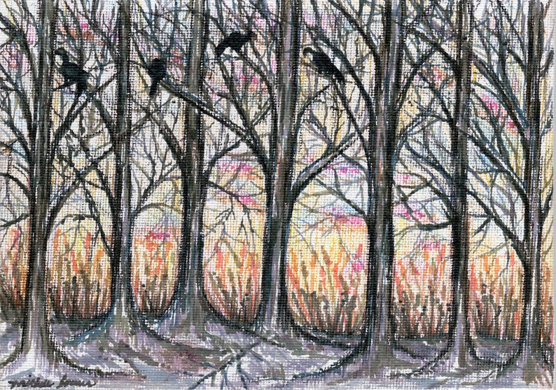 Turkeys in a Tree DRAWING on CANVAS, Rustic Wall Decor Art, 5x7 Marker and Color Pencil Drawing, Landscape Wall Art Kitchen Art image 1