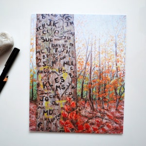 May include: A painting of a forest scene with a tree trunk in the foreground. The tree trunk is covered in carved initials and hearts. The forest is in autumn colors with red, orange, and yellow leaves.