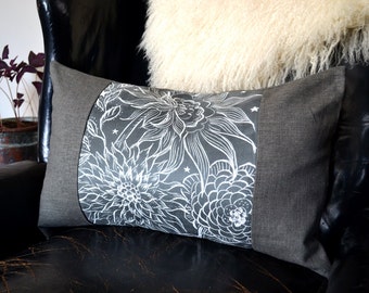 Grey and White Pillow , Gray Floral Pillow, 14x22 Lumbar Pillow Cover, Colorblock Pillow, Scratchboard Art on Faux Suede, Night Garden