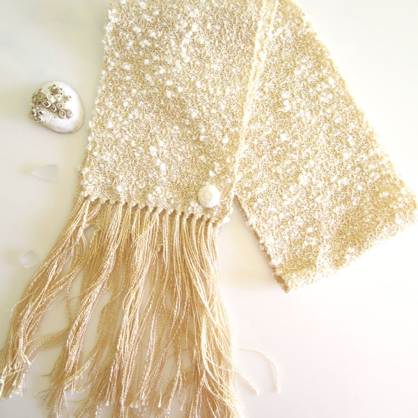 Cream Scarf, Handwoven, Gift for Mom, Textile Woven, Boucle Scarf