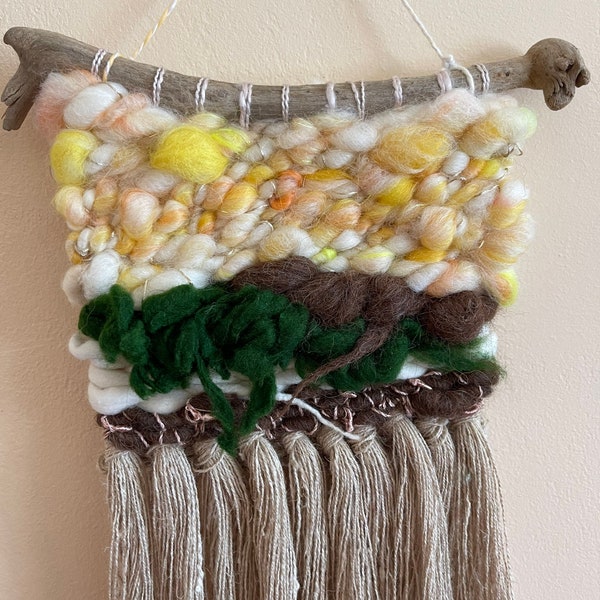 Small Woven Wall Hanging, Hand Spun Wool and Flax Linen Decorative Tapestry, Textile Wall Decor, "Morning Glow"