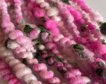 Hot Pink and Green Art Yarn Handspun, Scrappy Yarn, 10.5 yards, Hand Dyed Rambouillet, Lambswool, Bamboo Chunky Yarn "Watermelon Cupcake"