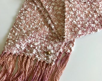 Woven Textured Scarf, Pink, Peach, and White Handwoven Boucle Scarf, Hand Dyed, Painted Warp Silk Rayon Scarf