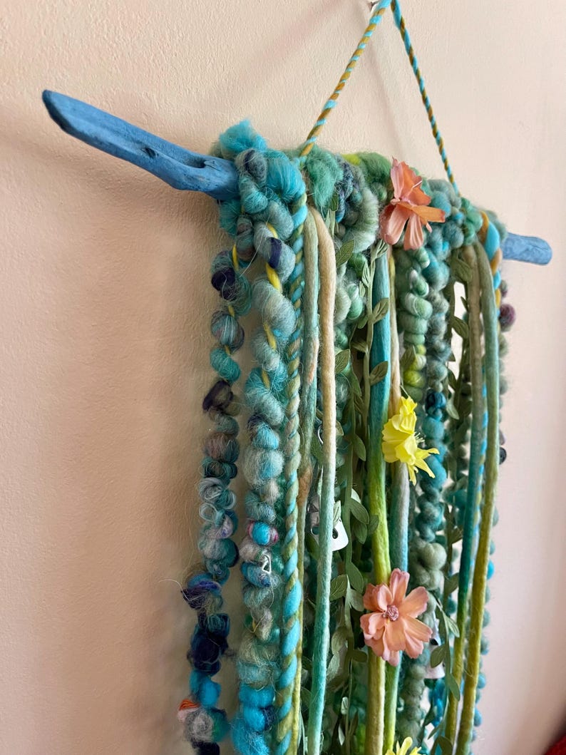 Boho Floral Art Yarn Wall Hanging, Hand Dyed Driftwood Door Chime