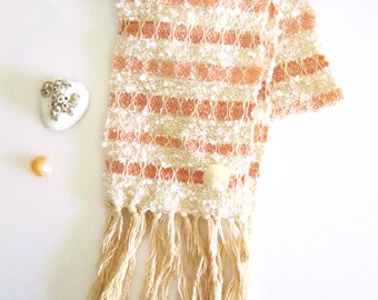 Peach Stripes Handwoven scarf, Cotton Boucle, Alpaca and Tshirt Yarn Women's Scarf with Sea Shell Barnacle Button