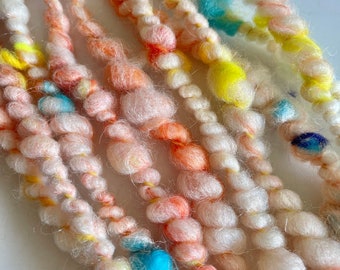 Colorful Scrappy Art Yarn Handspun, Chunky Weaving Yarn, 7.5 yards, Hand Dyed Superfine Merino and Mohair, "Fruity Pebbles"