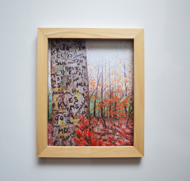 May include: A painting of a tree trunk with many names and initials carved into it. The tree is in a forest setting with fall foliage in shades of red, orange, and yellow.