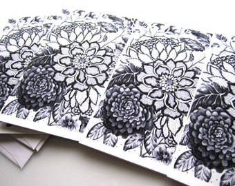 Black and White Floral Cards - "Black Lace" Ink Drawing Printed Art Cards - Floral Stationery 4x5"