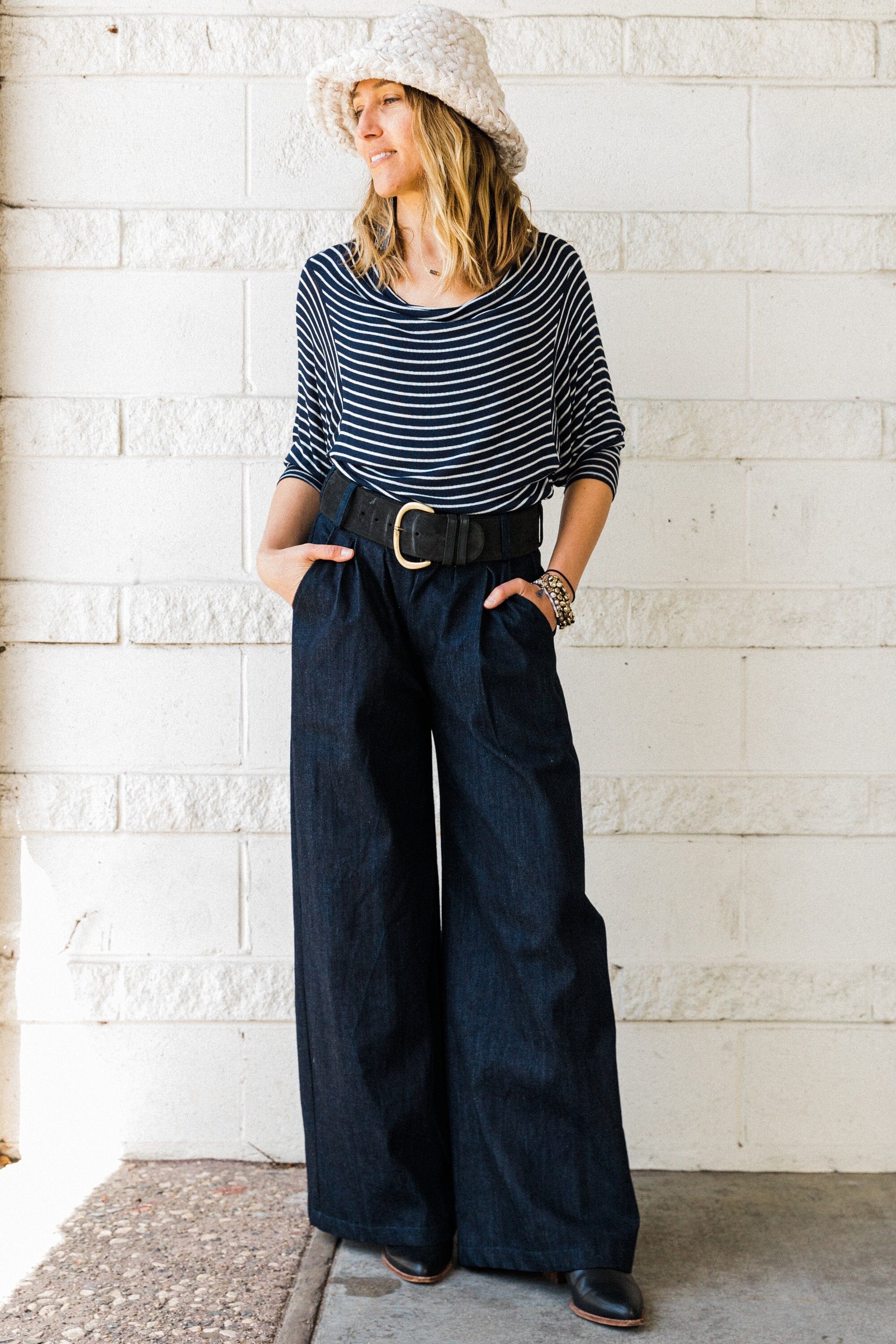 Shop Wide Fit Solid Denim Palazzo Pants with FrontKnot Styling Online   Max UAE