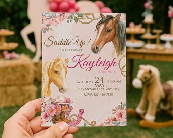 May include: A party invitation with a horse theme. The invitation features illustrations of horses, flowers, and cowboy boots. The text reads "Saddle Up! To Celebrate Kayleigh" with the date, time, and RSVP information.