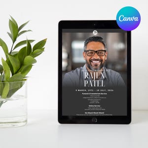 Op de afbeelding: Een digitale tablet toont een gedenkgrafiek voor Rajen Patel. Het ontwerp bevat een portret, data en service details. Het Canva-logo staat in de rechterbovenhoek. Links staat een vaas met groene bladeren.