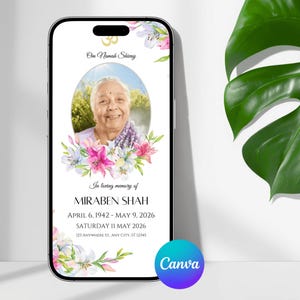 May include: A digital memorial displayed on a smartphone. The design features a portrait of Miraben Shah, surrounded by floral arrangements. Text includes "Om Namah Shivay" and memorial details: April 6, 1942 - May 9, 2026, and Saturday II May 2026.