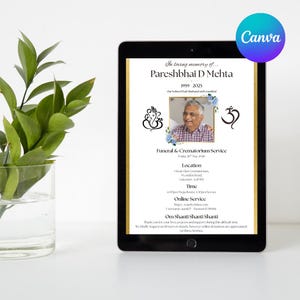 May include: A digital tablet displays a memorial announcement for Pareshbhai D Mehta, including a photo, dates 1959-2025, and service details. The design features gold borders, floral accents, and religious symbols.
