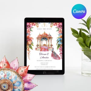 Convite digital para casamento indiano com reserva de data - Design floral rosa real - Modelo editável para casamento hindu e gujarati
