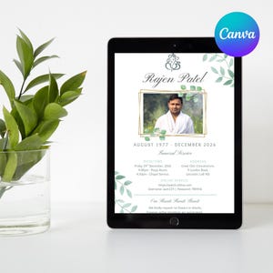 May include: A digital tablet displays a funeral service announcement for Rajen Patel. The design features a photo, gold frame, and text including dates, times, and an online service link. Green leaf accents and the Canva logo are also visible.