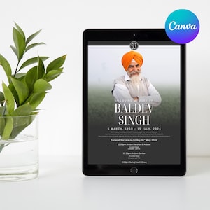 May include: A digital tablet displays a memorial announcement for Baldev Singh. The announcement includes a portrait of a man wearing an orange turban, the dates 1950-2024, and details about the funeral service. A green plant in a glass vase is on the left.