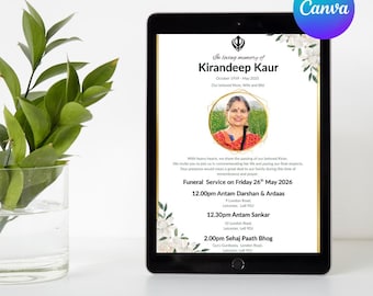 May include: A digital tablet displays a memorial announcement for Kirandeep Kaur, with a photo, floral accents, and event details. The text includes dates, times, and locations for the funeral service.