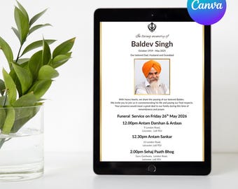 May include: A digital tablet displays a memorial announcement for Baldev Singh. The announcement includes a photo of Baldev, dates of birth and death, and details for the funeral service on May 26th, 2026. The background is white.