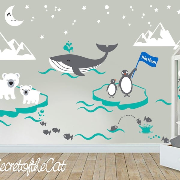 Décalcomanie Arctic Animals - Décalque murale de pépinière - Décor de pépinière - Ours polaire - Décor arctique - Décalcomanies Antartica - Monde arctique - Pingouins Baleine Iceberg